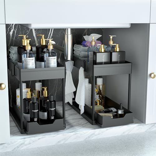 DEKAVA Under Sink Organizer 2 Pack，Bathroom Cabinet Organizer，2 Tier Sliding