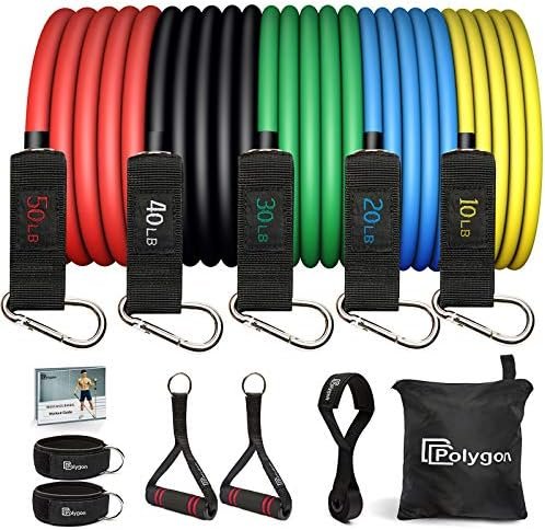 Polygon Resistance Bands Set, Exercise Tubes with Handles, Door Anchor and Ankle