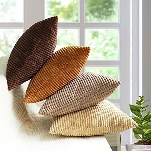 MEKAJUS Pack of 4 Throw Pillow Covers 18x18 Brown Decorative Soft Corduroy Solid