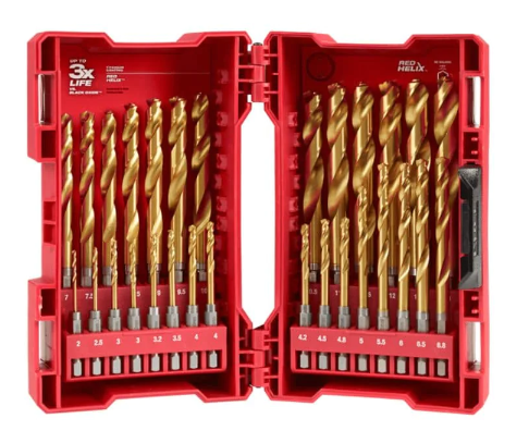 Milwaukee 48894862 29 Piece 2mm-13mm Metric 1/4-Hex Red SHOCKWAVE HELIX Titanium Drill Bit Set