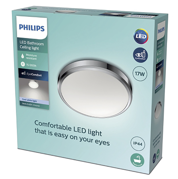 Philips Doris CL257 LED Round IP44 Ceiling Light Chrome 17W 1700lm Cool White