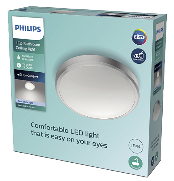 Philips Doris CL257 LED Round IP44 Ceiling Light Nickel 17W 1700lm Cool White